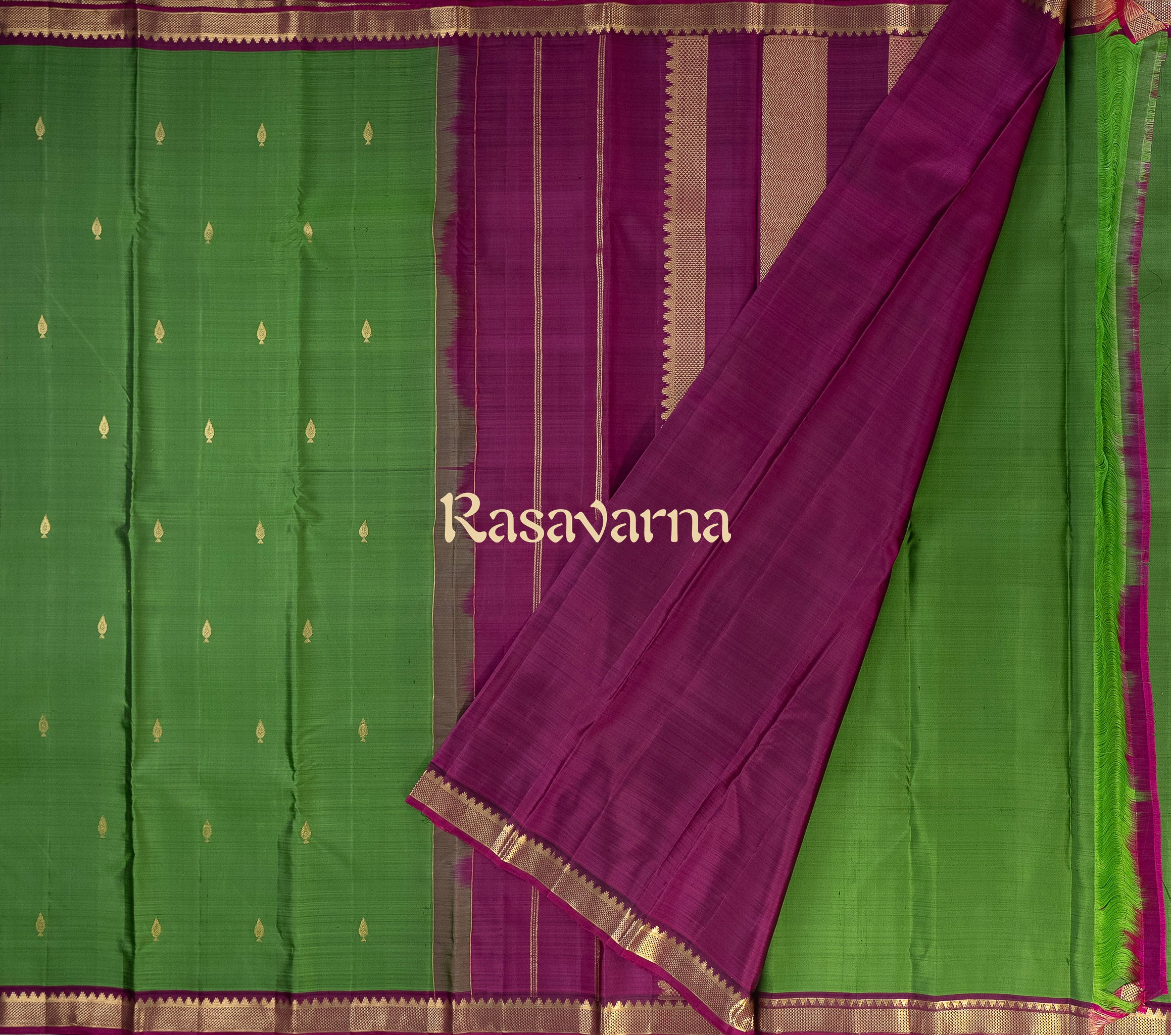 Parrot Green Pure Silk Kanchipuram Pattu Saree with Magenta Border