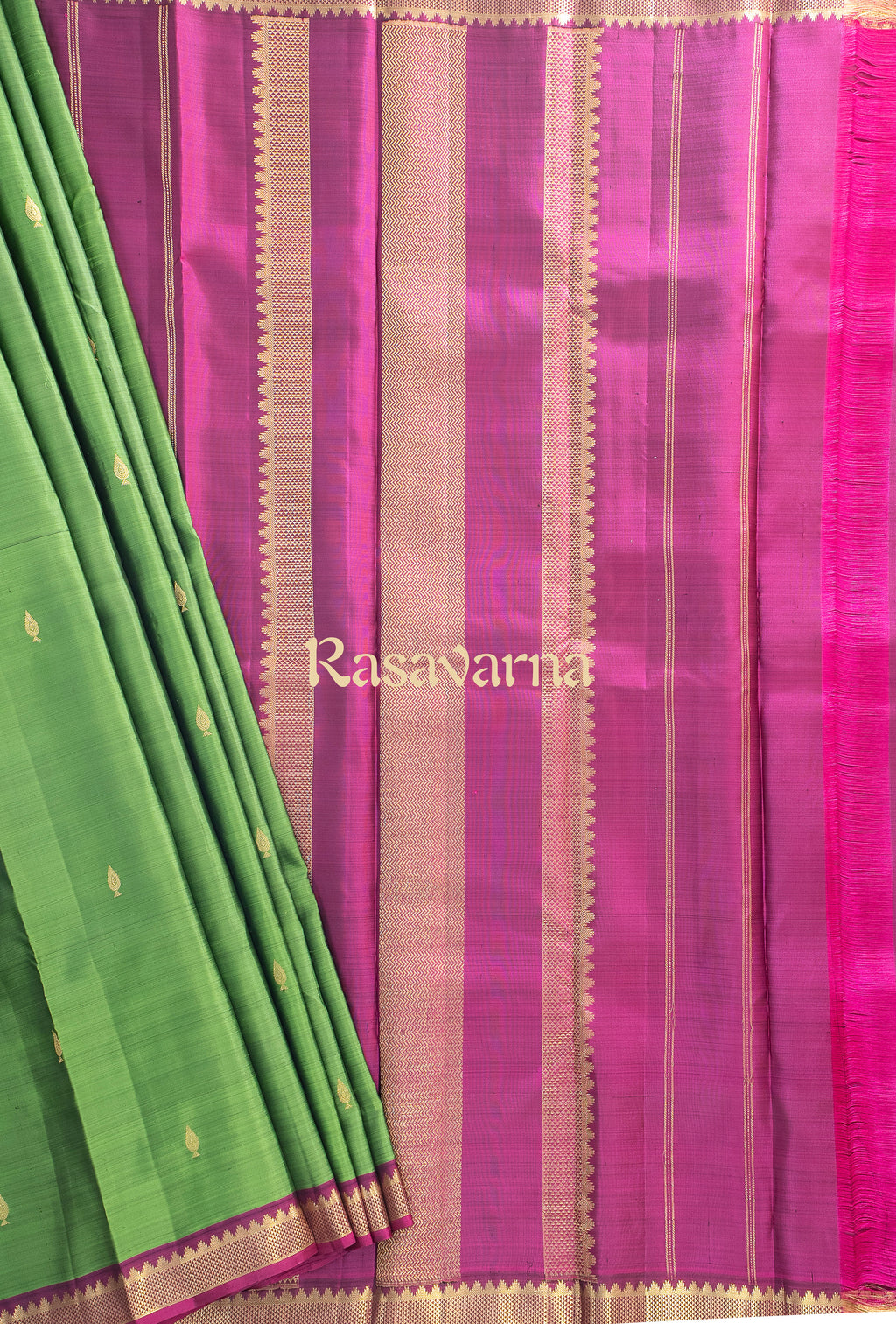 Parrot Green Pure Silk Kanchipuram Pattu Saree with Magenta Border