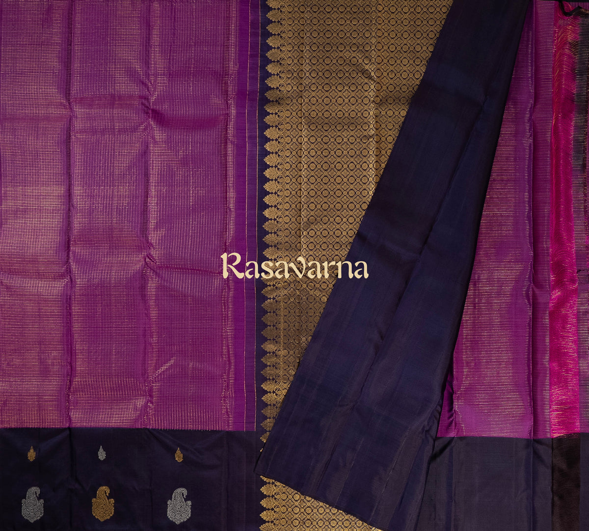 Purple Pure Silk Kanchipuram Pattu Saree with Navy Blue Border