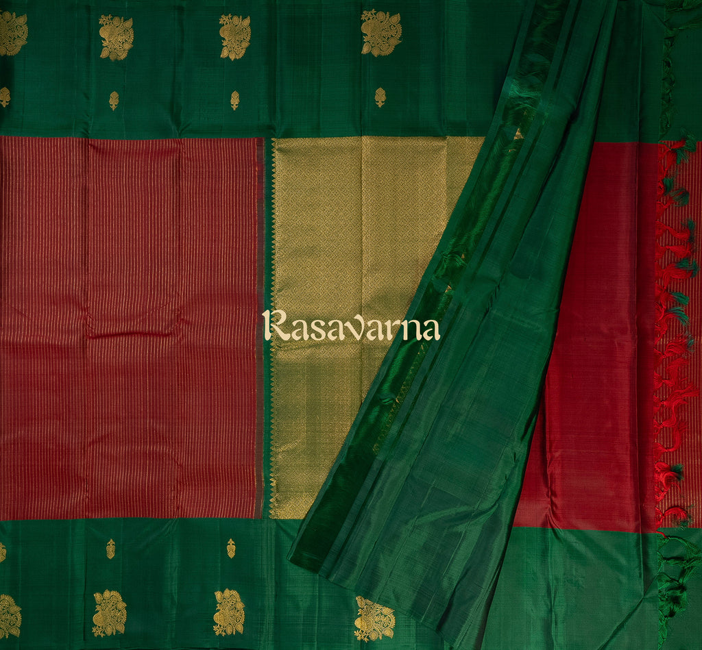 Red Pure Silk Kanchipuram Pattu Saree with Green Border