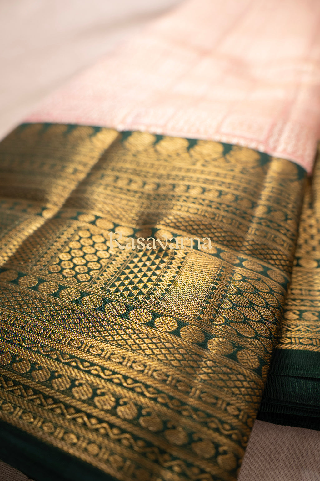 Pink Pure Silk Kanchipuram Pattu Saree with Bottle Green Border