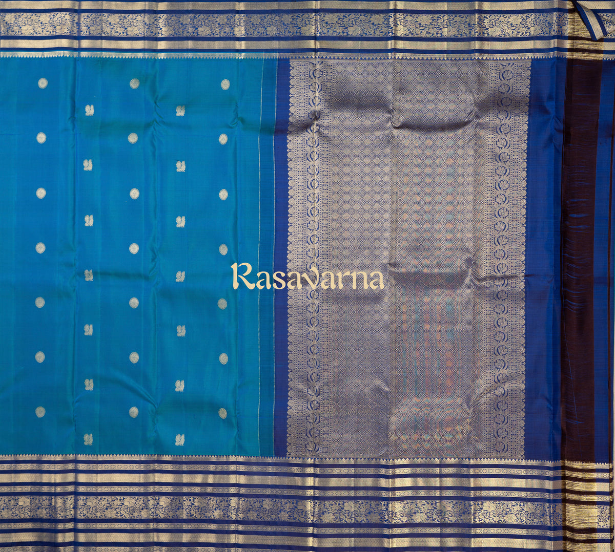 Peacock Blue Pure Silk Kanchipuram Pattu Saree with Navy Blue Border