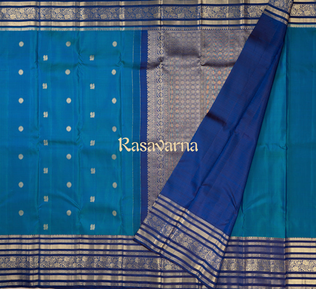 Peacock Blue Pure Silk Kanchipuram Pattu Saree with Navy Blue Border