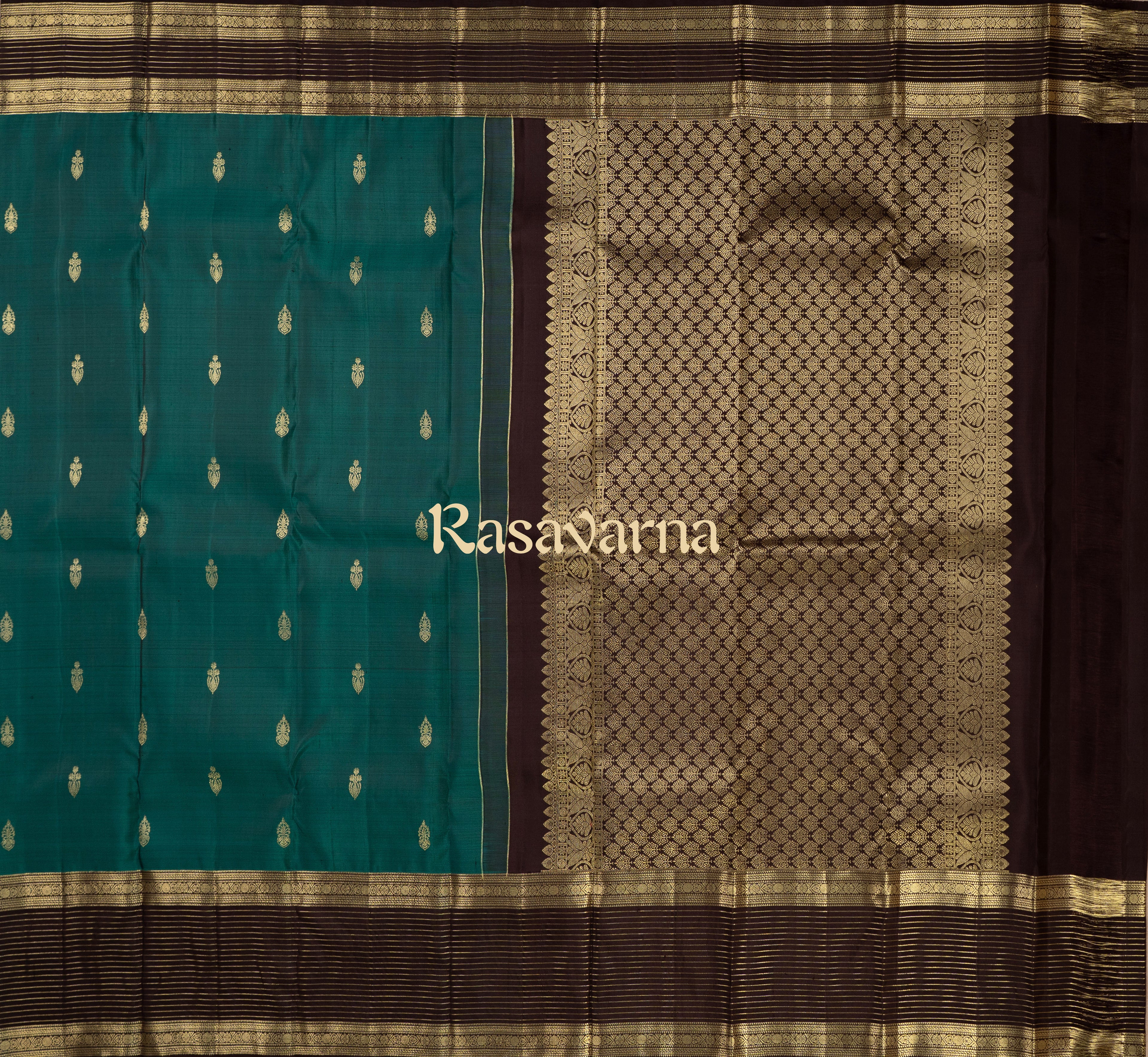 Rama Green Pure Silk Kanchipuram Pattu Saree with Chocolate Border