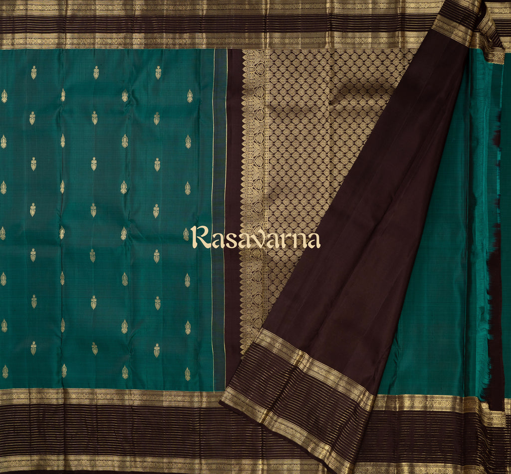 Rama Green Pure Silk Kanchipuram Pattu Saree with Chocolate Border