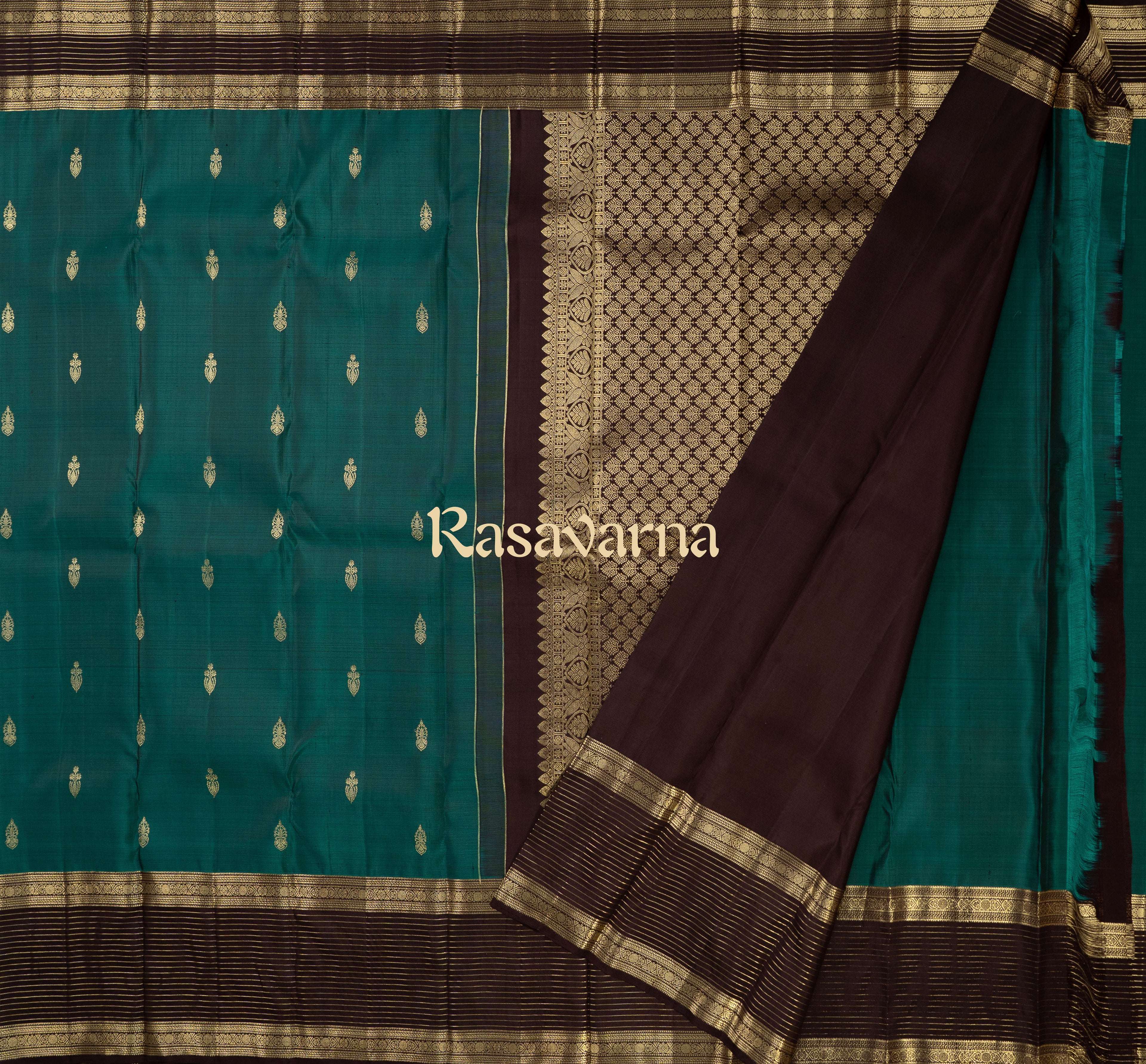 Rama Green Pure Silk Kanchipuram Pattu Saree with Chocolate Border