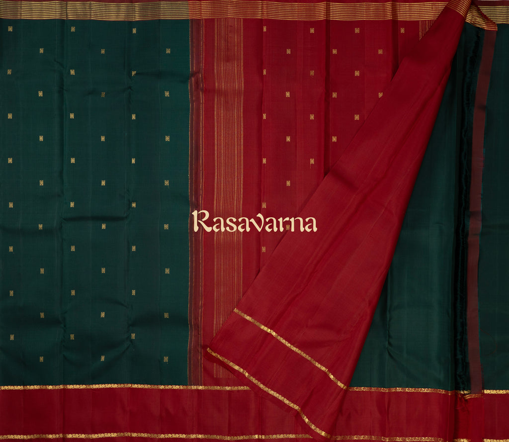 Bottle Green Pure Silk Kanchipuram Pattu Saree with Maroon Border