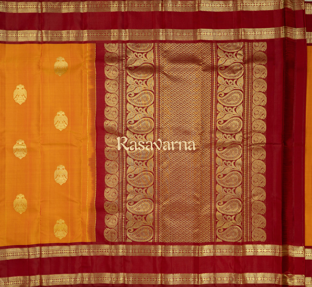 Gold Pure Silk Kanchipuram Pattu Saree with Maroon Border