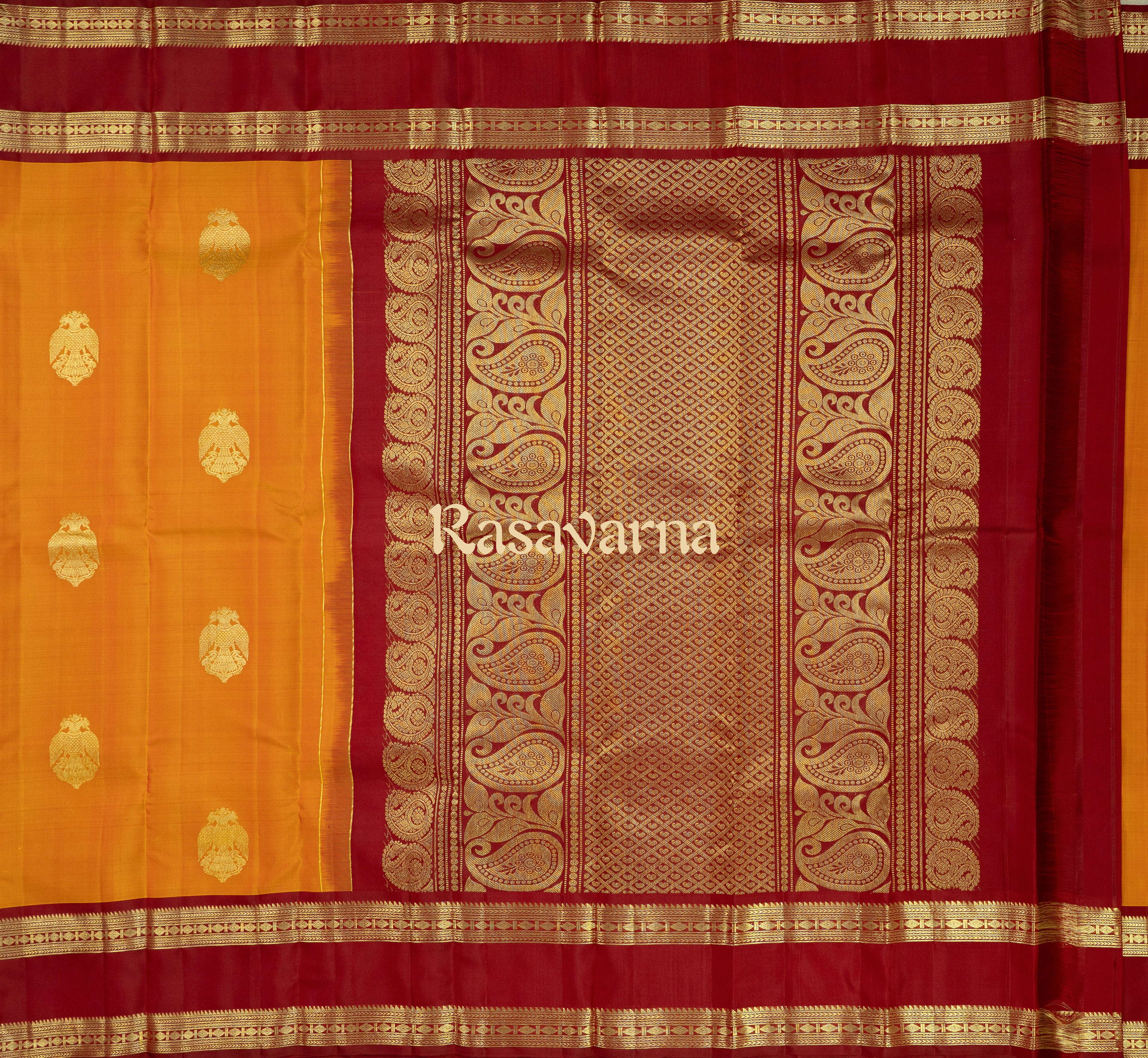 Gold Pure Silk Kanchipuram Pattu Saree with Maroon Border