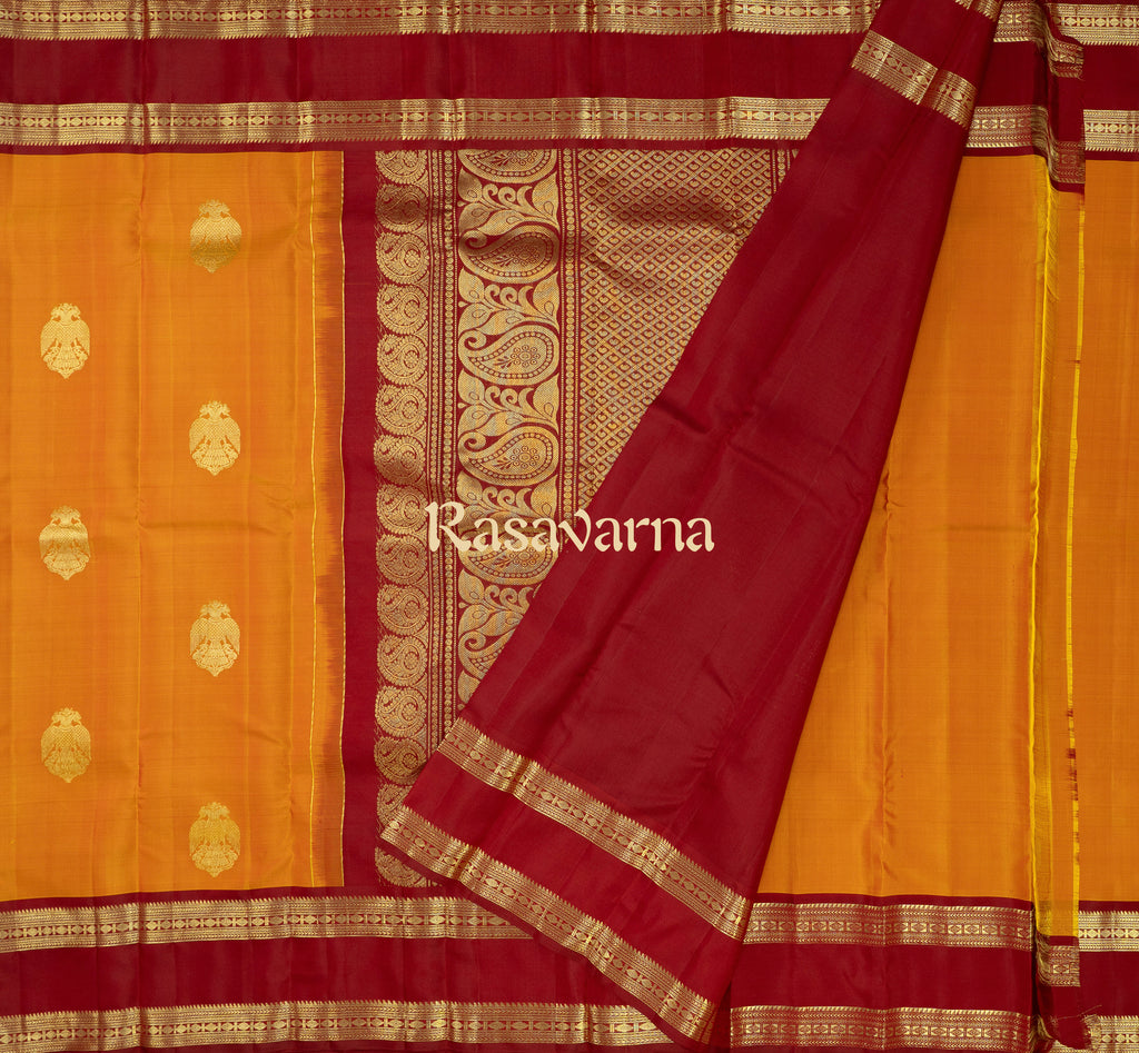Gold Pure Silk Kanchipuram Pattu Saree with Maroon Border