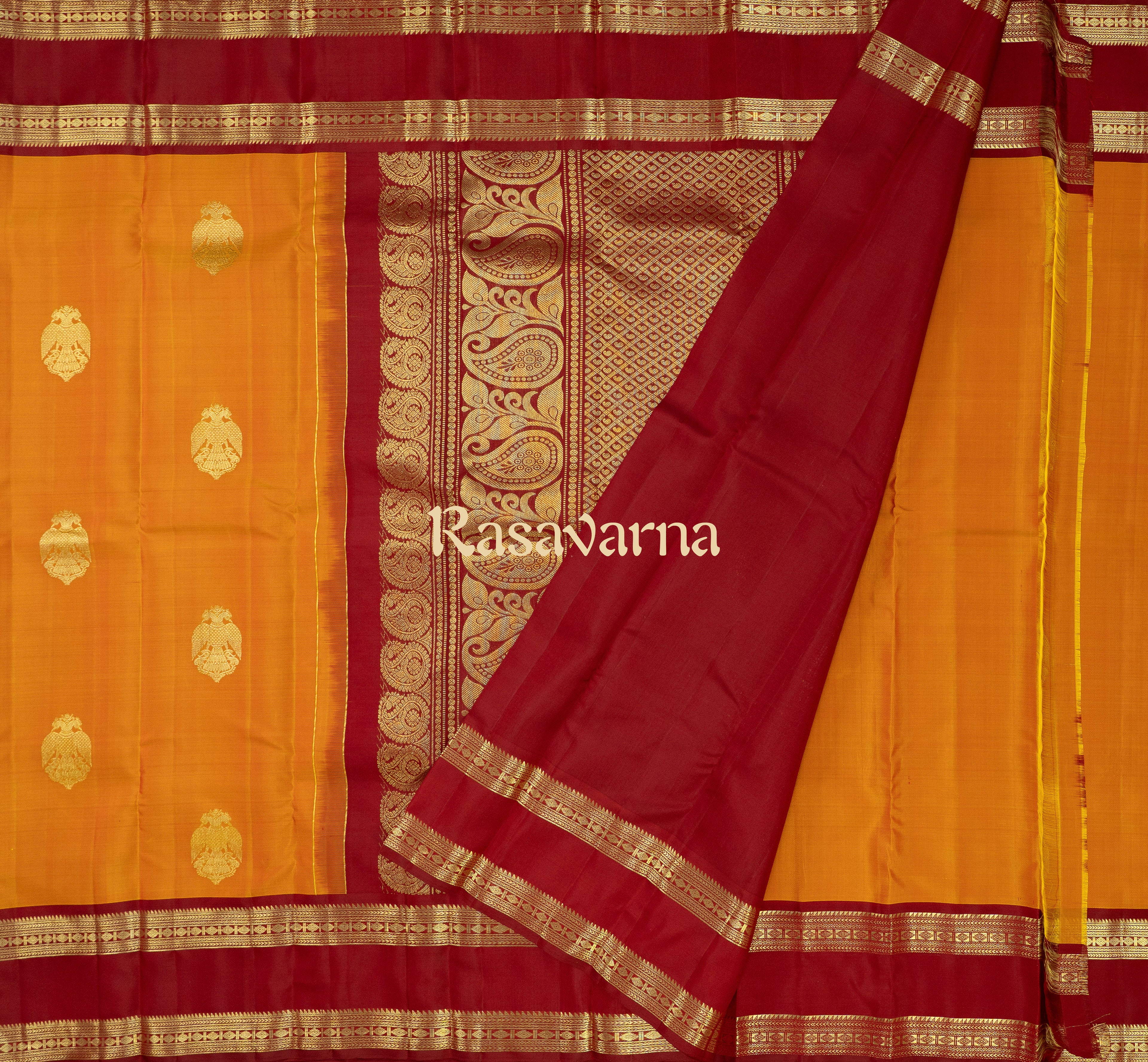 Gold Pure Silk Kanchipuram Pattu Saree with Maroon Border