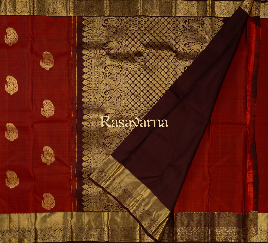Rust Pure Silk Kanchipuram Pattu Saree with Chocolate Border