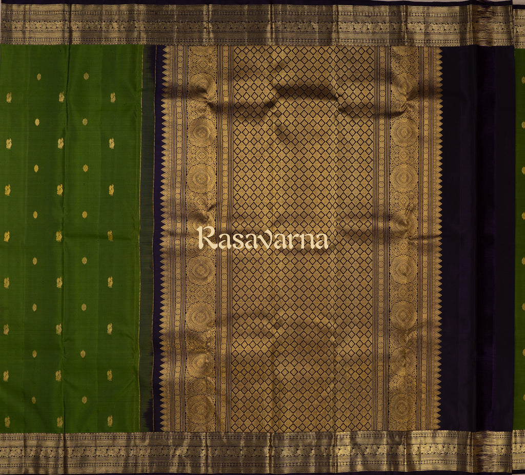Olive Green Pure Silk Kanchipuram Pattu Saree with Navy Blue Border