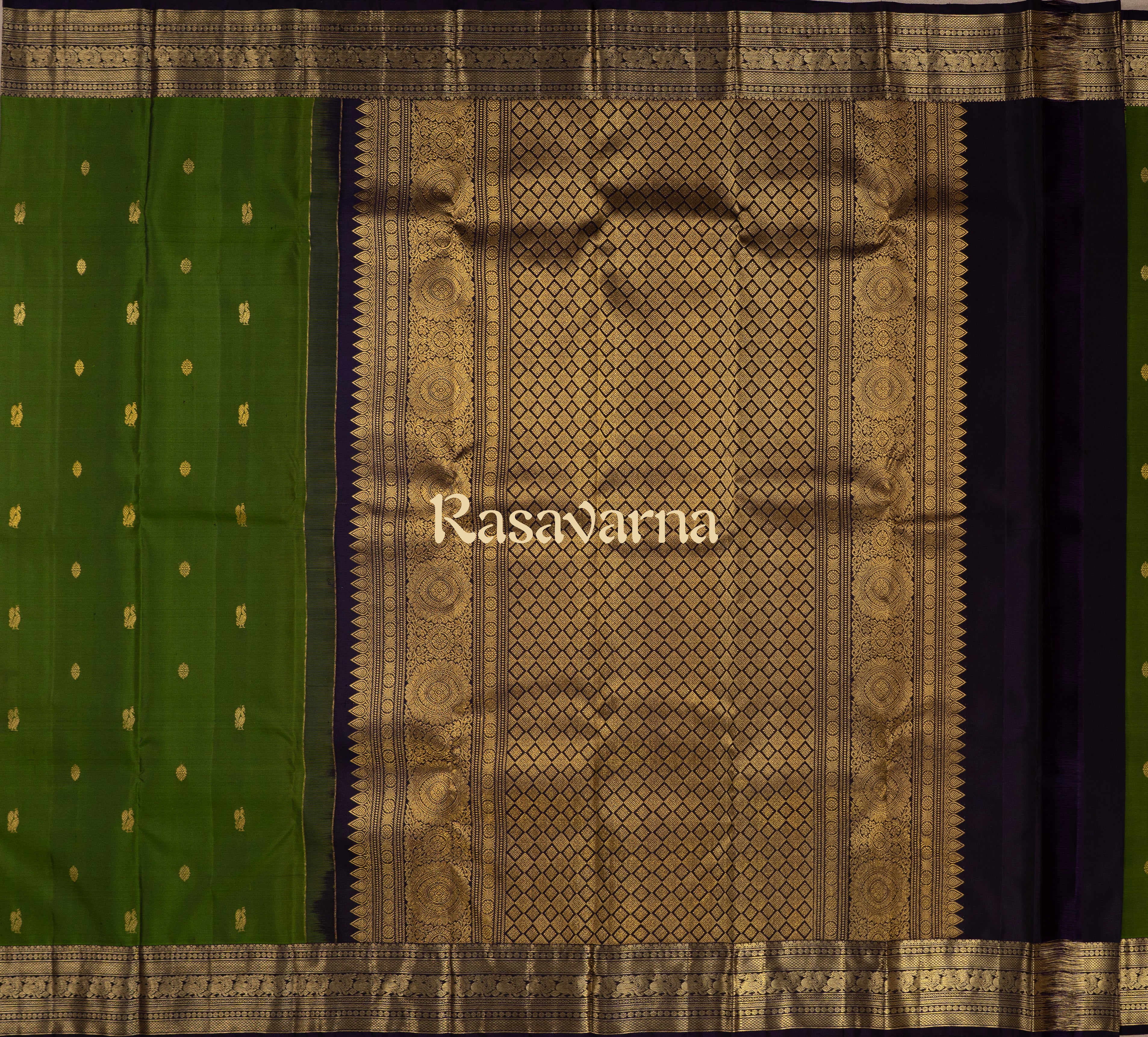 Olive Green Pure Silk Kanchipuram Pattu Saree with Navy Blue Border