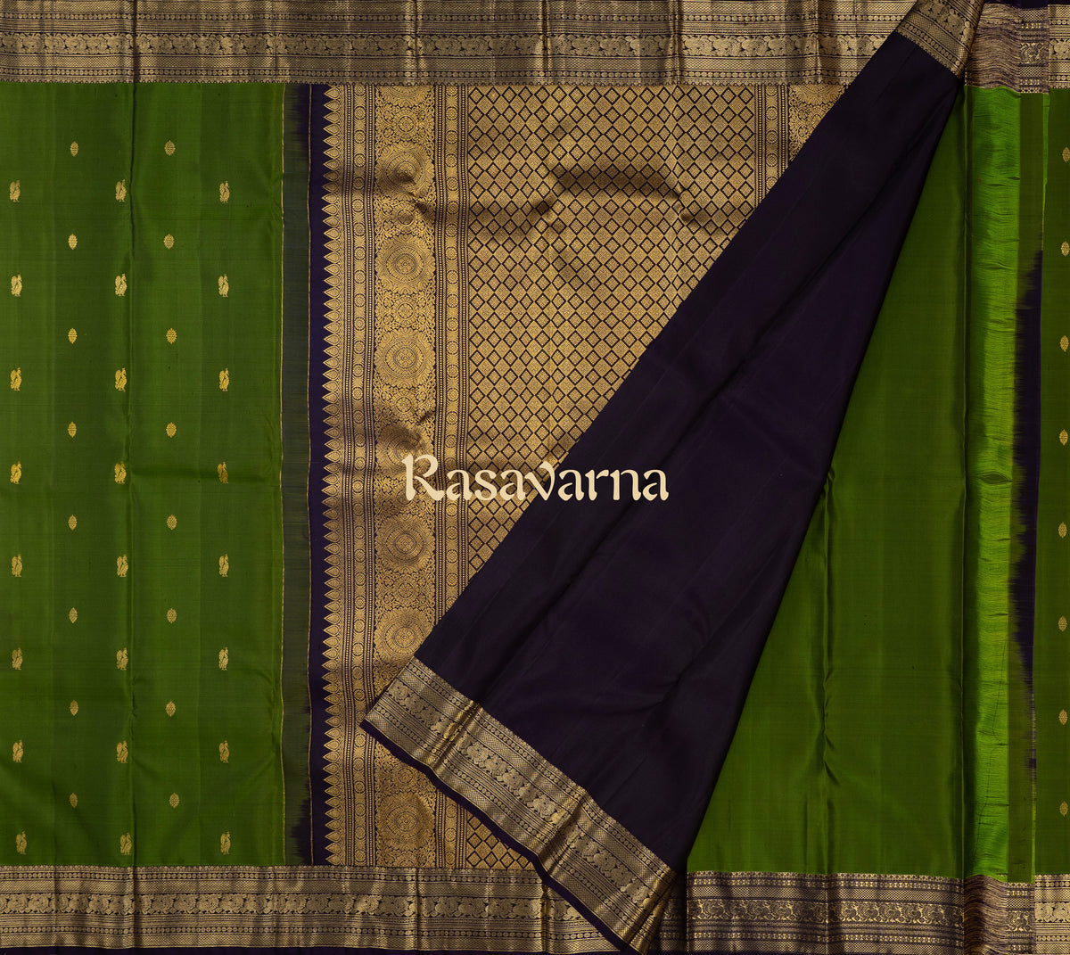 Olive Green Pure Silk Kanchipuram Pattu Saree with Navy Blue Border