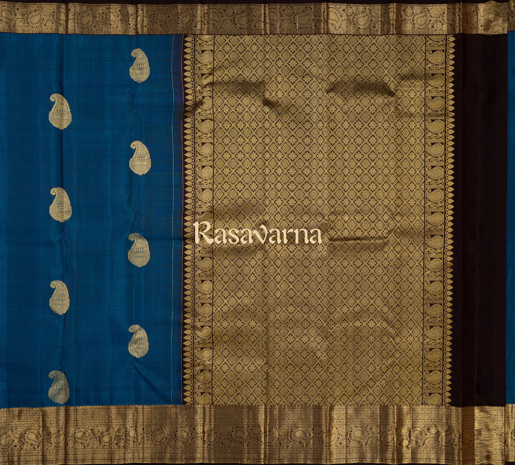 Deep Blue Pure Silk Kanchipuram Pattu Saree with Chocolate Border