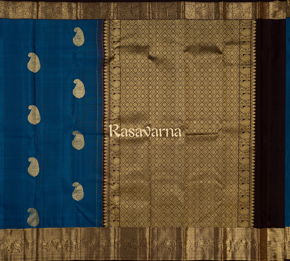 Deep Blue Pure Silk Kanchipuram Pattu Saree with Chocolate Border