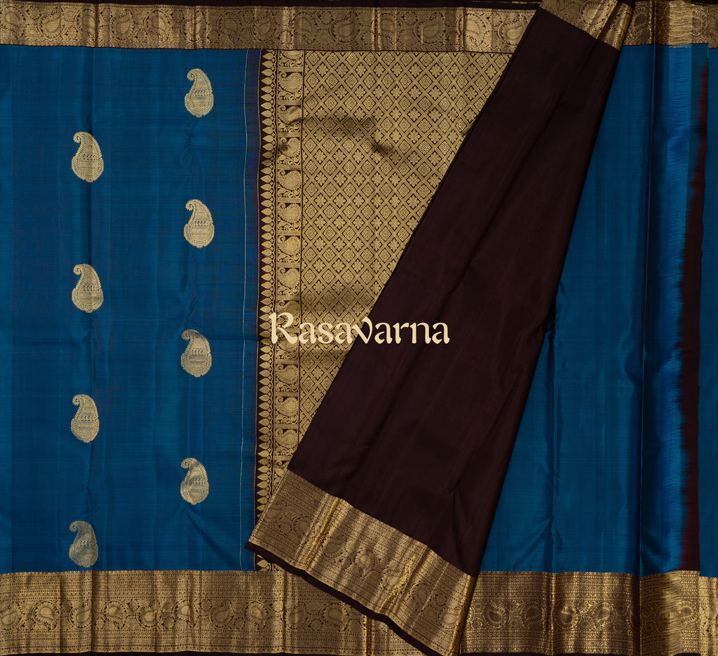 Deep Blue Pure Silk Kanchipuram Pattu Saree with Chocolate Border