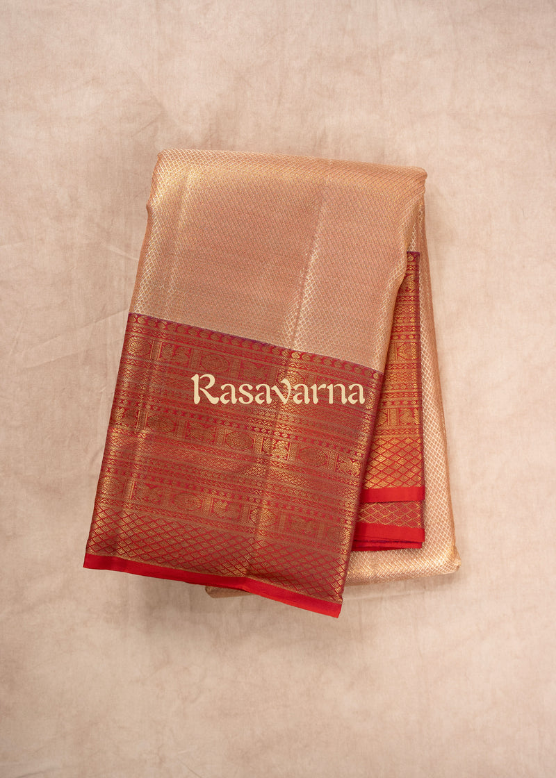 Rose Gold Pure Silk Kanchipuram Pattu Saree with Red Border