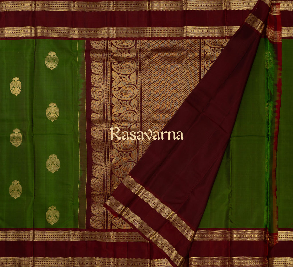 Green Pure Silk Kanchipuram Pattu Saree with Maroon Border
