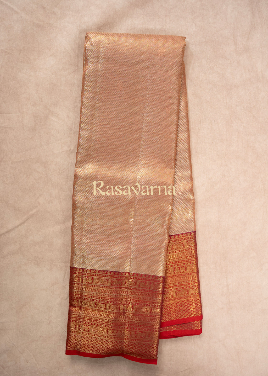 Rose Gold Pure Silk Kanchipuram Pattu Saree with Red Border