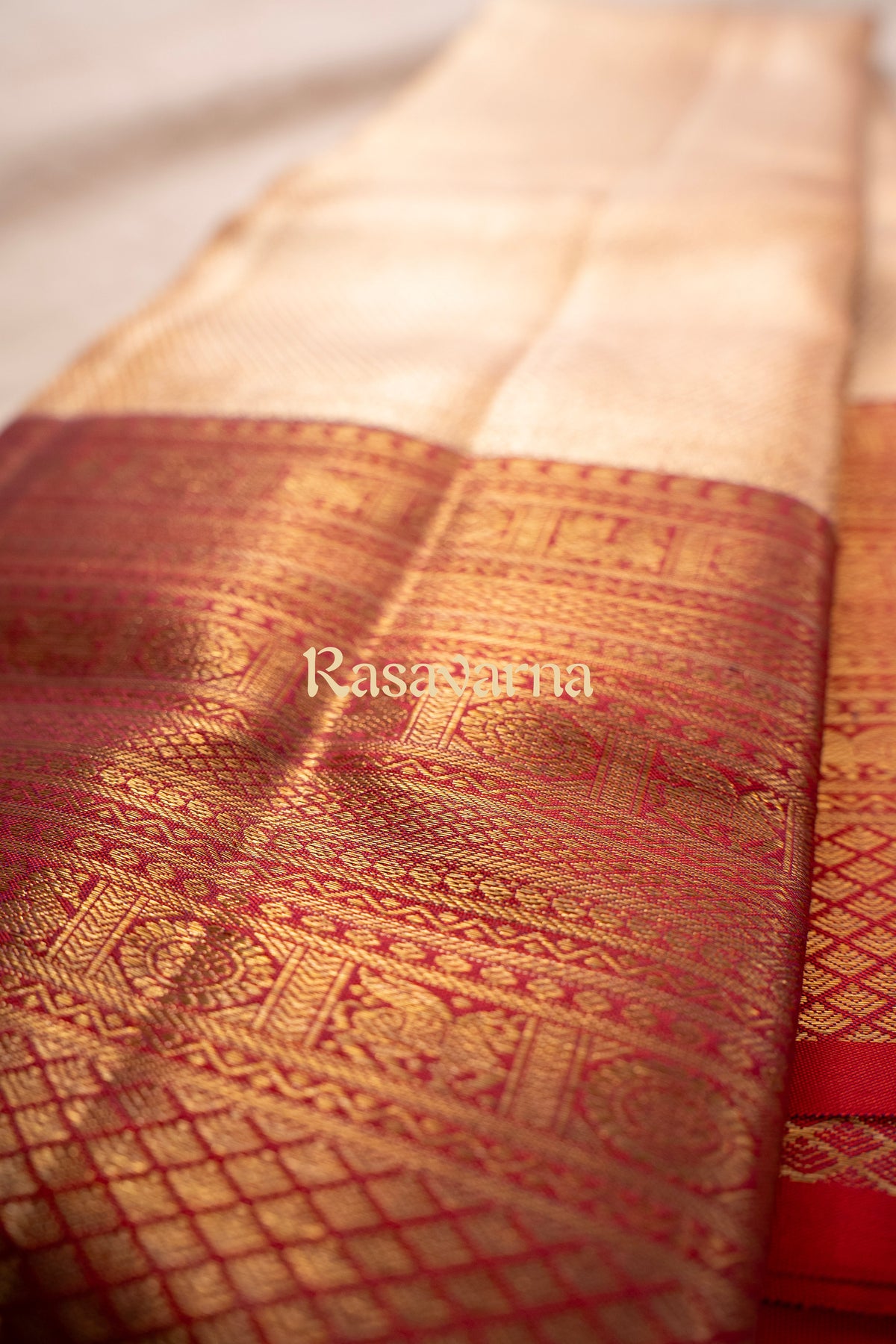 Rose Gold Pure Silk Kanchipuram Pattu Saree with Red Border