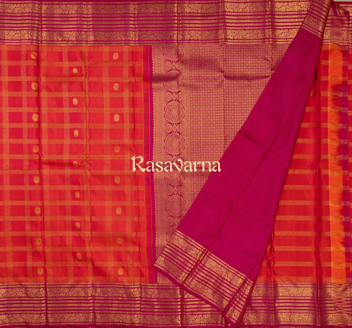Orange Pure Silk Kanchipuram Pattu Saree with Roja Pink Border