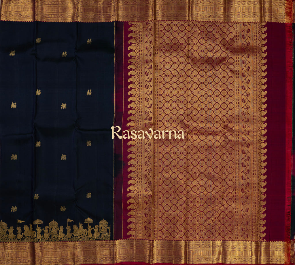 Navy Blue Pure Silk Kanchipuram Pattu Saree with Roja Pink Border