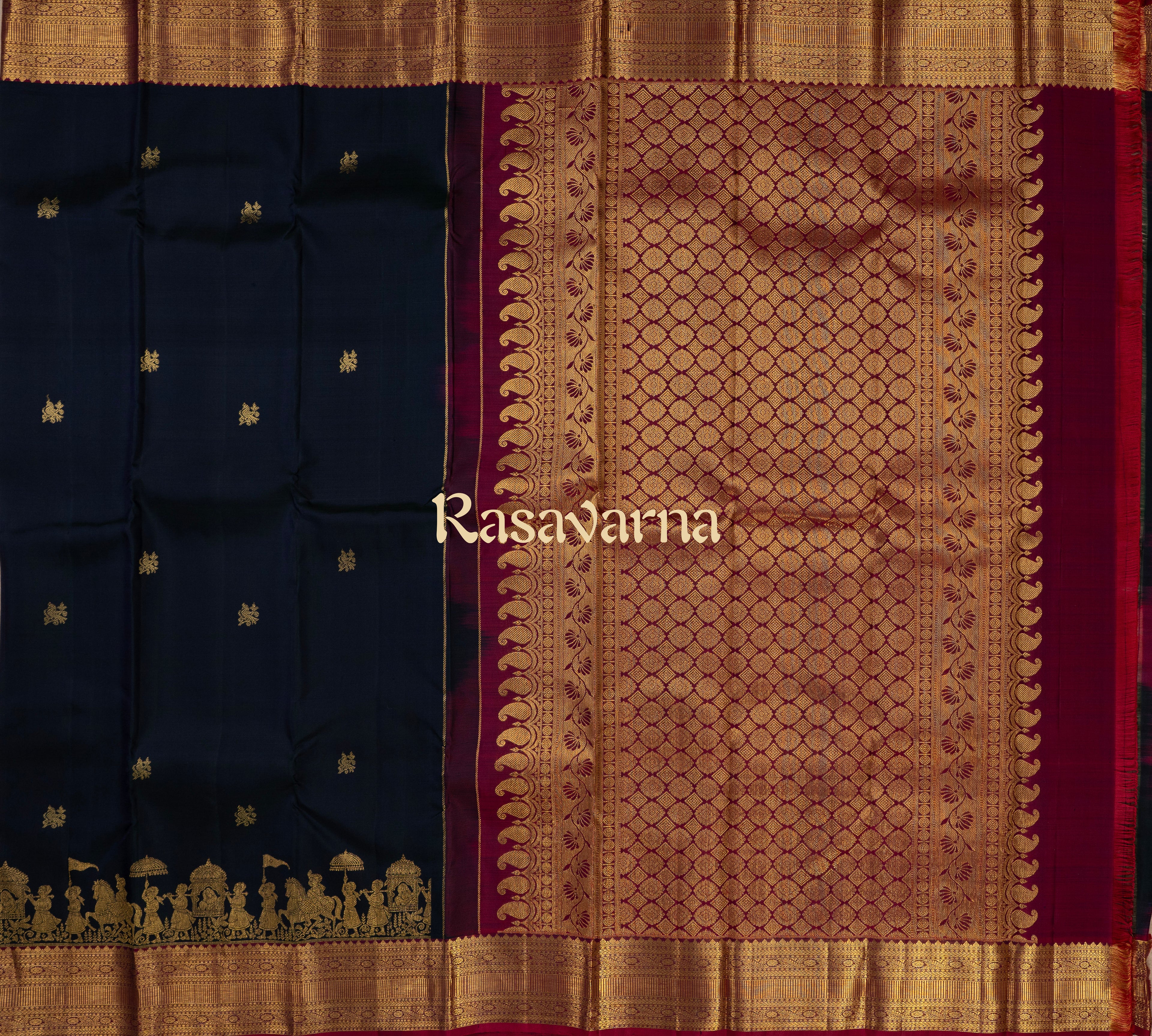 Navy Blue Pure Silk Kanchipuram Pattu Saree with Roja Pink Border