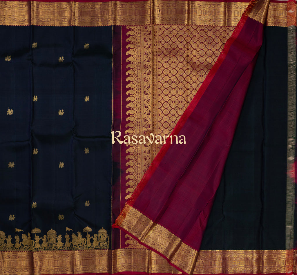 Navy Blue Pure Silk Kanchipuram Pattu Saree with Roja Pink Border