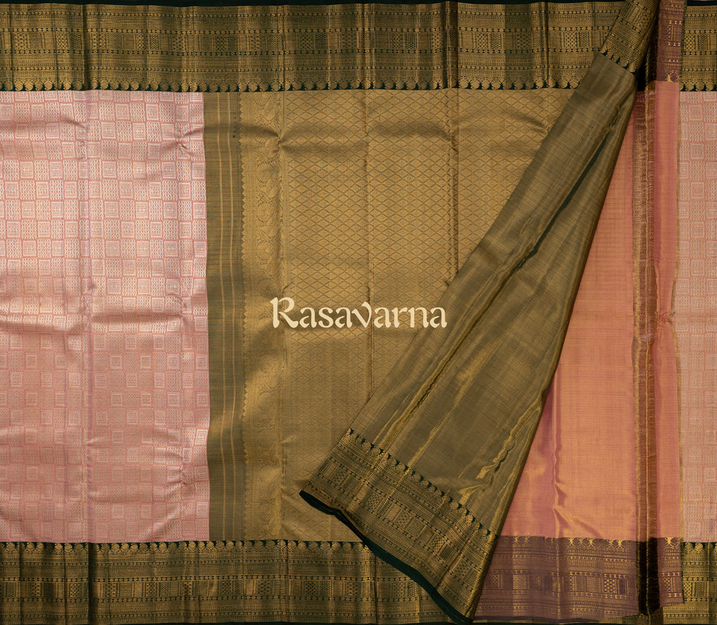 Pink Pure Silk Kanchipuram Pattu Saree with Bottle Green Border