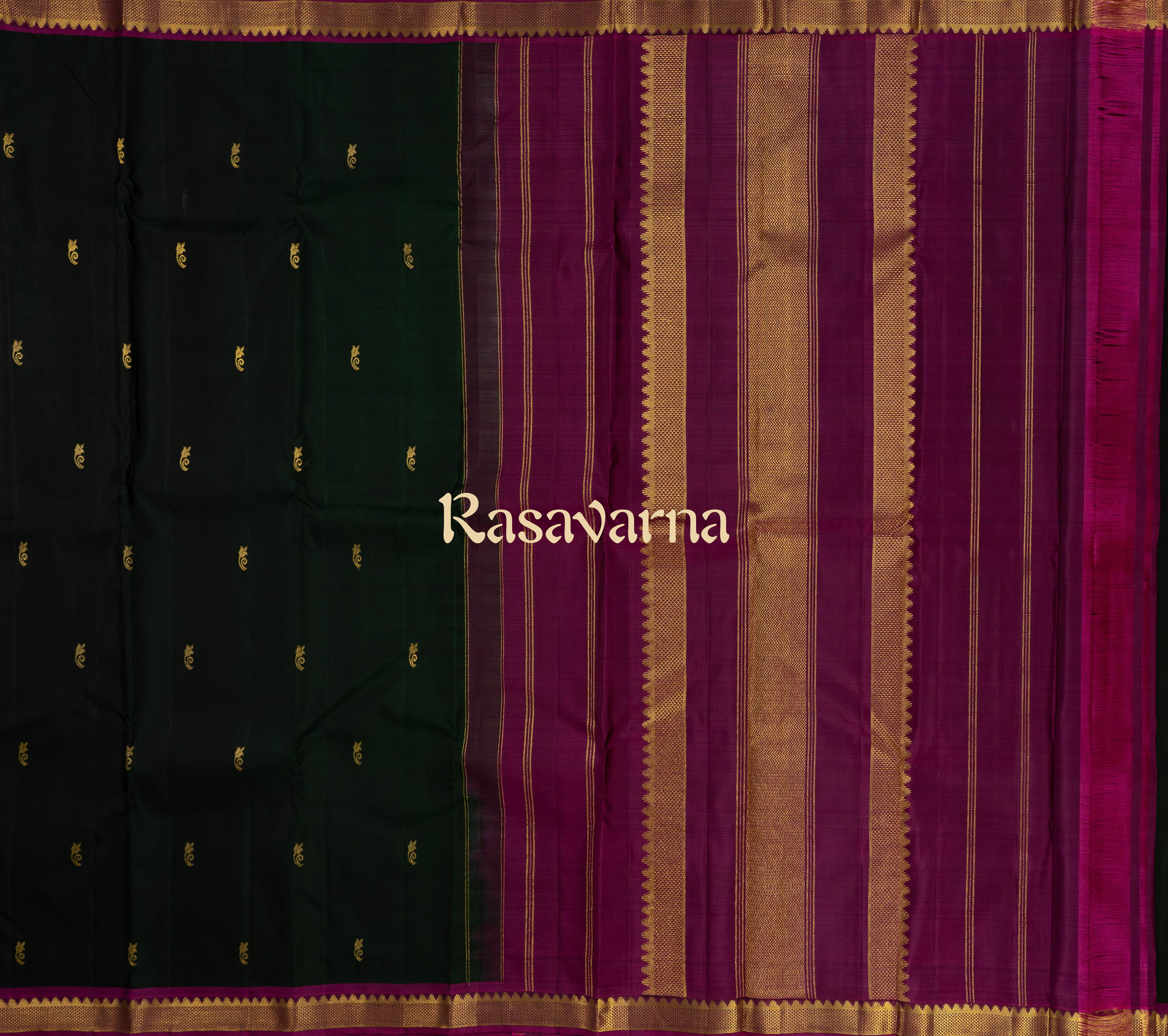 Dark Green Pure Silk Kanchipuram Pattu Saree with Onion Red Border