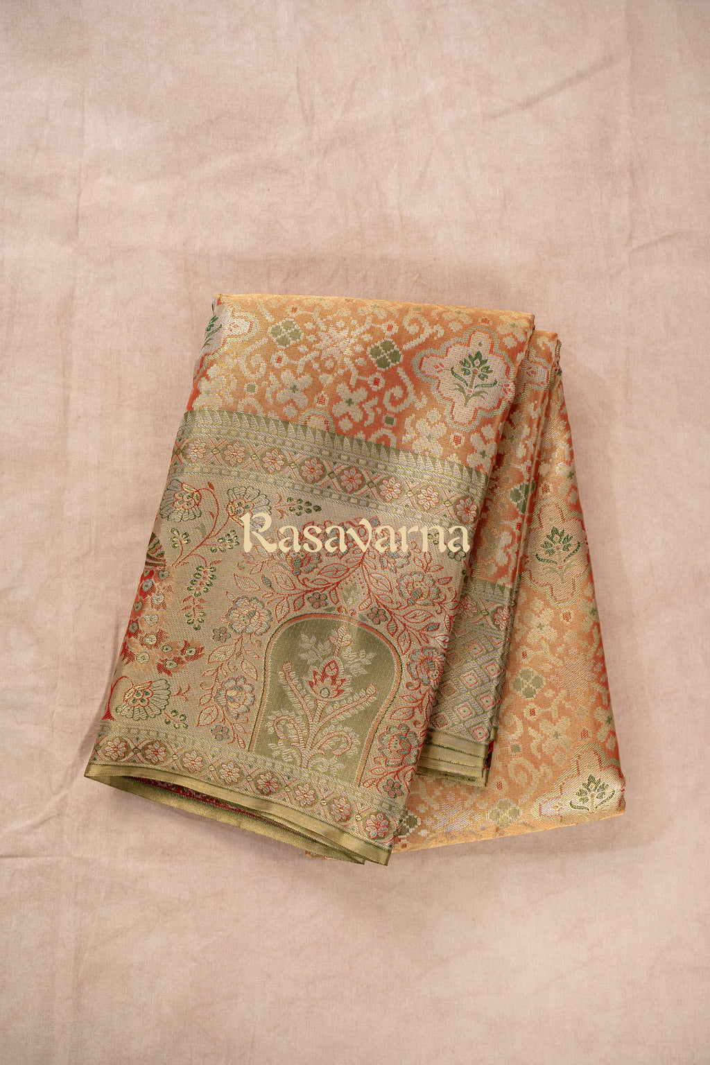 Orange Pure Silk Kanchipuram Pattu Saree with Green Border