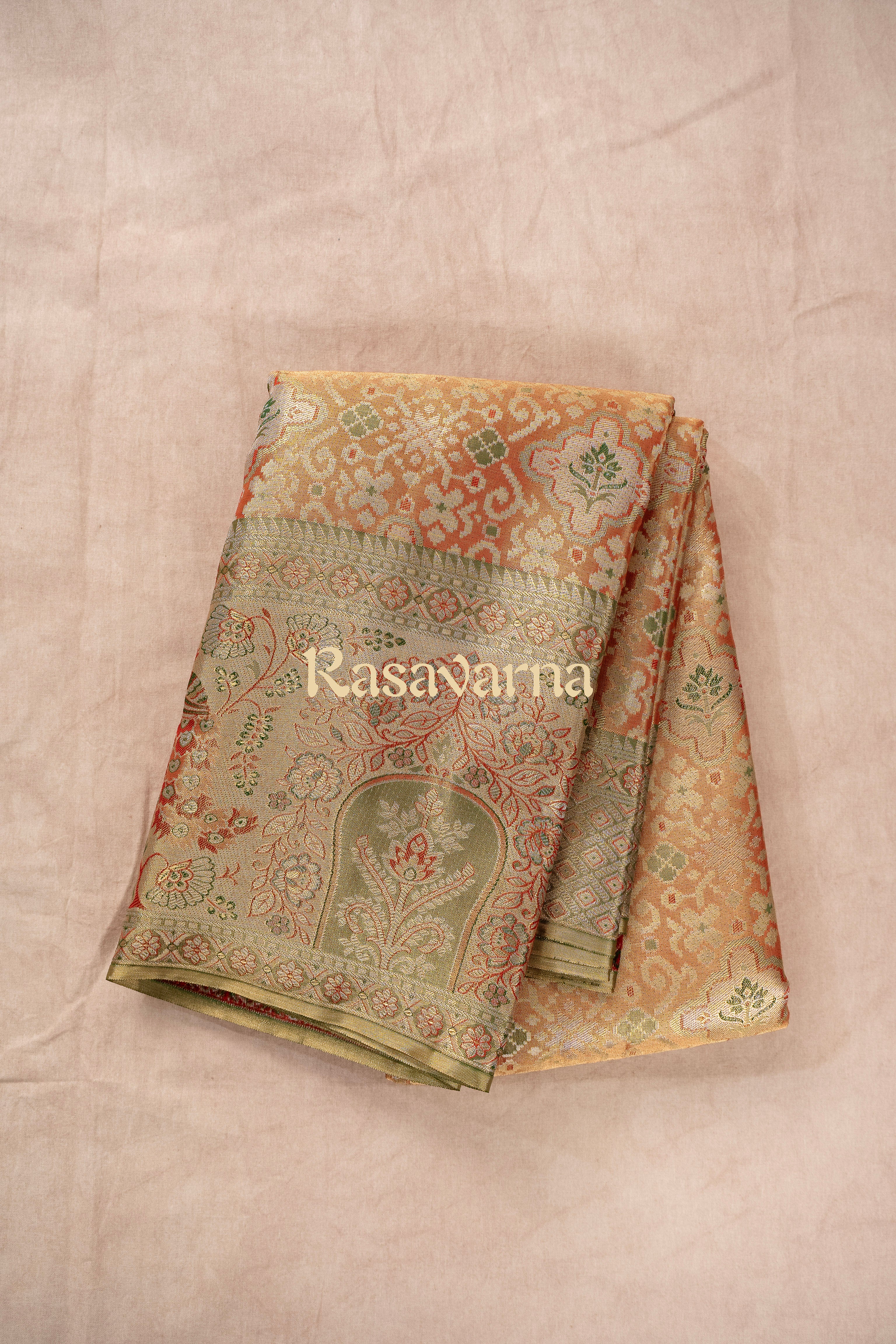 Orange Pure Silk Kanchipuram Pattu Saree with Green Border