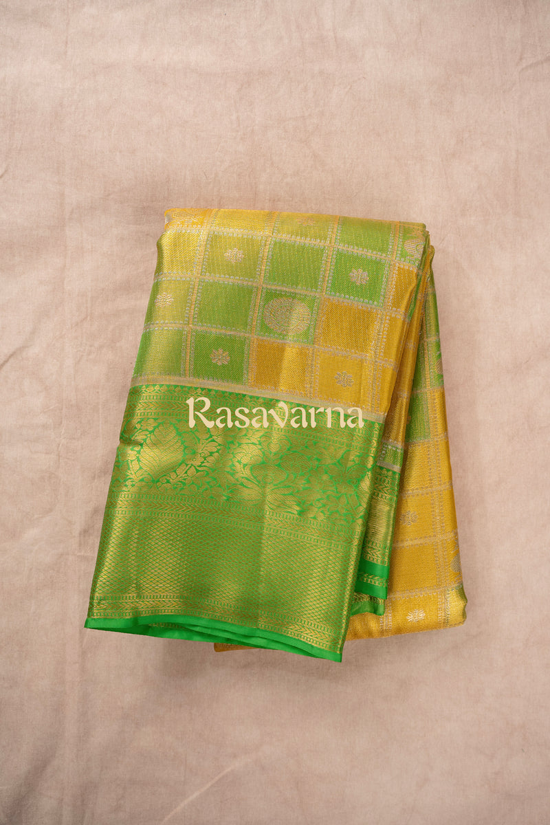 Yellow Pure Silk Kanchipuram Pattu Saree with Green Border