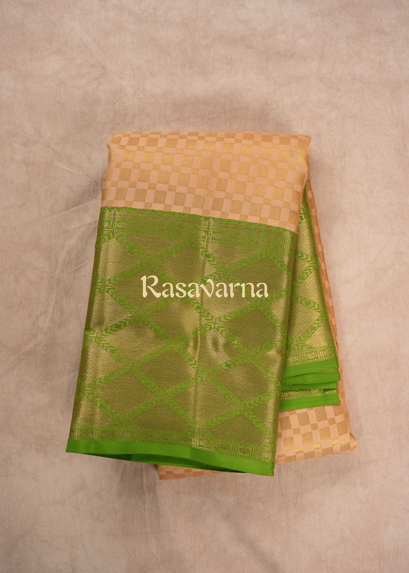 Cream Pure Silk Kanchipuram Pattu Saree with Green Border