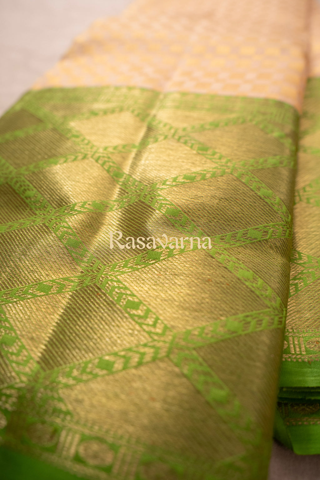 Cream Pure Silk Kanchipuram Pattu Saree with Green Border