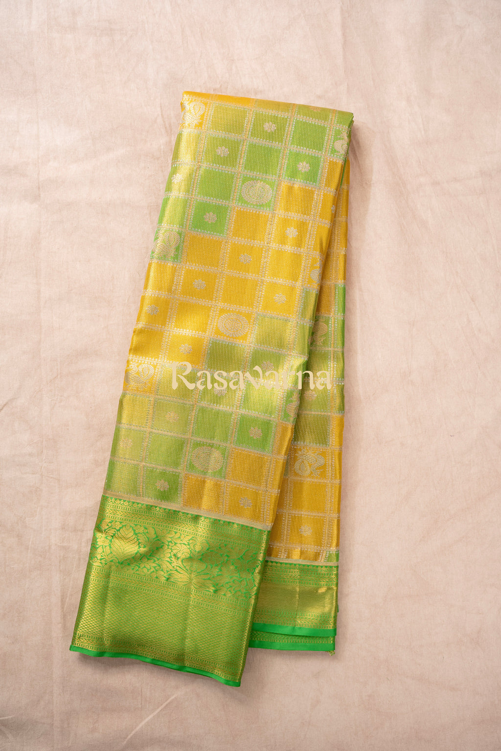 Yellow Pure Silk Kanchipuram Pattu Saree with Green Border