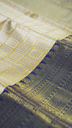 Yellow Pure Silk Kanchipuram Pattu Saree with Navy Blue Border