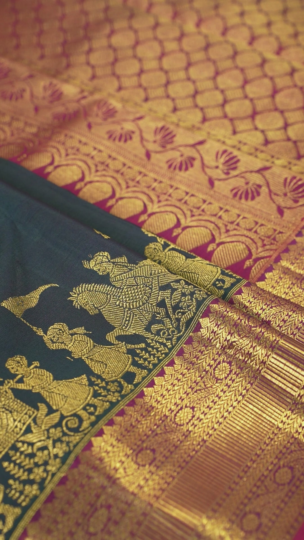 Navy Blue Pure Silk Kanchipuram Pattu Saree with Roja Pink Border