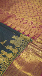 Navy Blue Pure Silk Kanchipuram Pattu Saree with Roja Pink Border